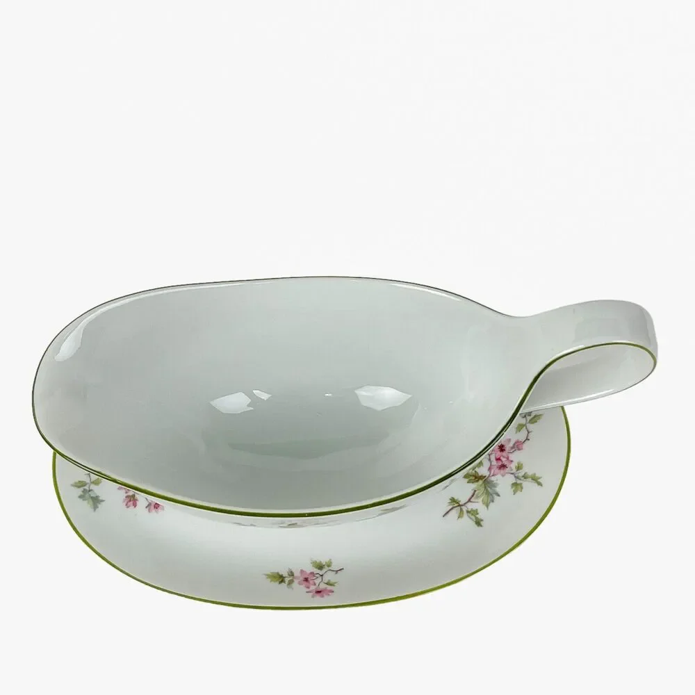 Gravy Boat Hutschenreuther Selb Bavaria Attached Underplate Handle Pink Flowers